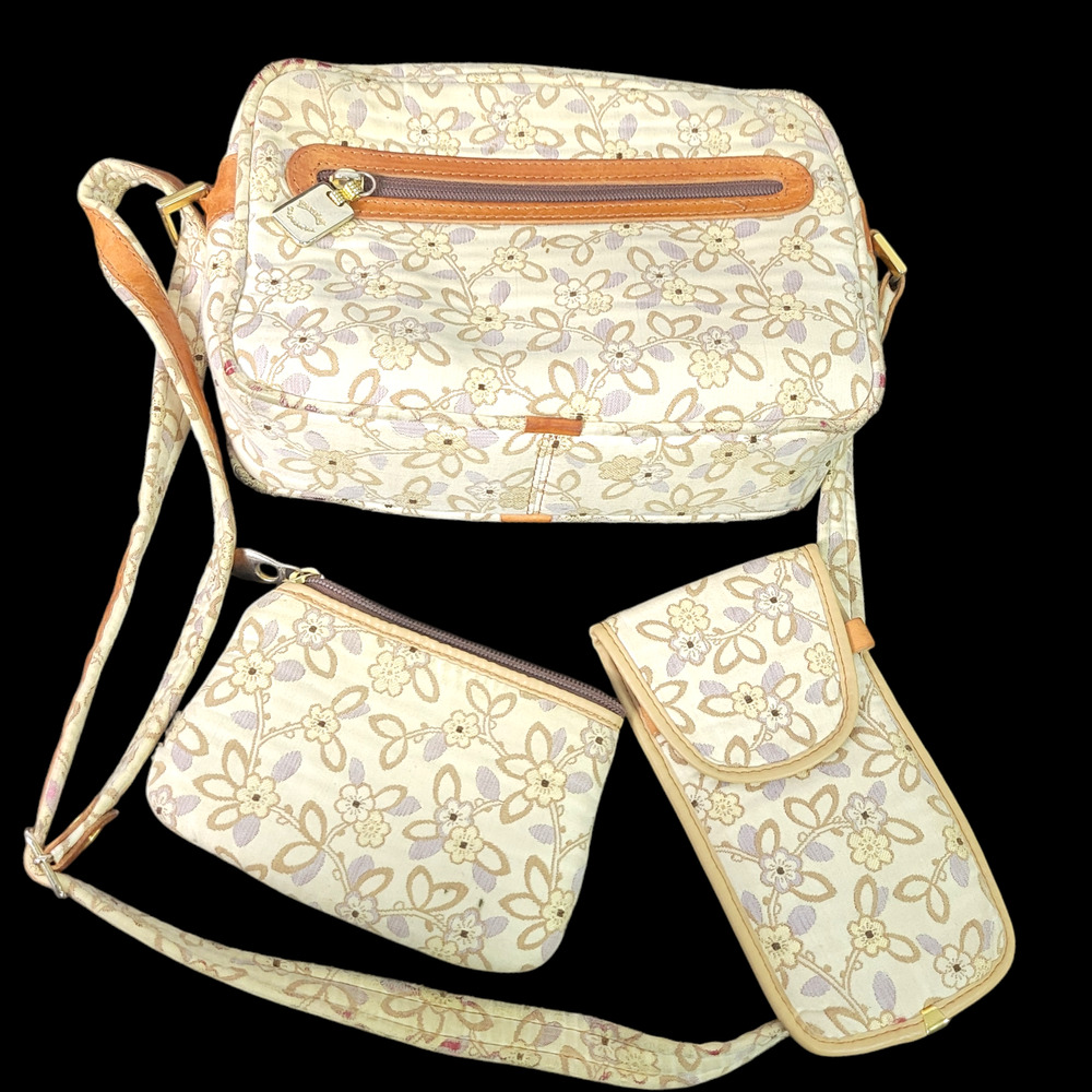 Vintage Daniel Tapestries Bag Set Beige Tapestry Padded Pouch Crossbody Country